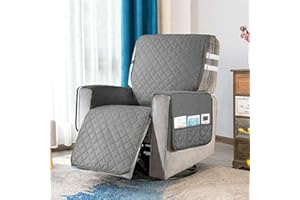 miuline Housse Fauteuil Relax Matelassé Anti-dérapant, Couvre Fauteuil Relax Inclinable avec 2 Sangles de Serrage Blanches, 6 Poches Latérales, Couverture Protecteur Canapé 1 Place (Gris)