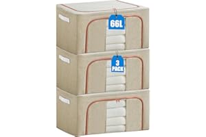 KXF Clothes Wardrobe Storage Organiser Boxes 3 Packs 66L Waterproof Stackable Foldable Oxford Cloth Steel Frame Closet Clothing Storage Bag Clear Window & Carry Handles for Clothes Bedding Blankets