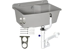 Waschbecken mit Siphon Ausgussbecken aus Kunststoff grau Granit Farbe, 61 cm Länge hängen Wasserinstallation Küche Badezimmer robuste Waschtrog