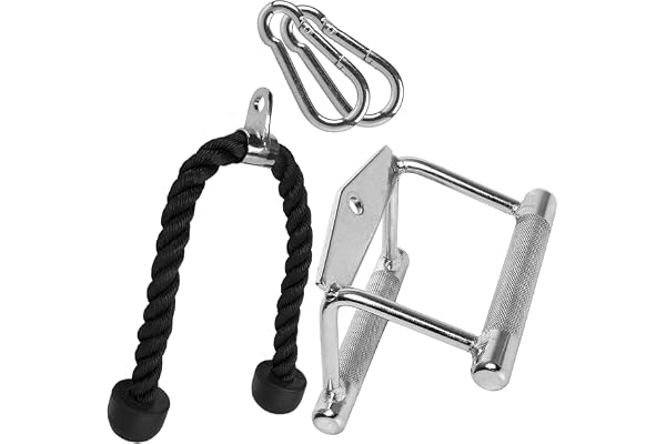 C.P.Sports Kit de Corde Triceps 70 cm + poignée parallèle en Acier Plein 14 cm + 2 mousquetons 80 mm x 8 mm – Aide à la Traction pour Biceps/Triceps entraînement câble – Antidérapant/chromé