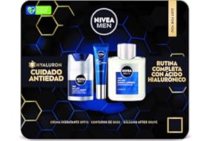 NIVEA MEN Pack Rutina Antiedad Hyaluron - Crema de Día Antiedad SPF15 50ml + Cortorno de Ojos Hyaluron 15 ml + Bálsamo After Shave Antiedad 100ml - Pack Antiedad
