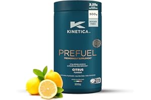 Kinetica Sports Prefuel Pre Workout -Citrus Flavour | 5.7g Amino Acids Blend, 2.2g BCAA's & 92mg Caffeine/Serve, 30 Servings/300g| With Essential Vitamins, Minerals|Supports Performance & Energy Boost