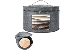 Rierousy Portaoggetti per Cappelliera Rotonda Grigio- Porta Cappelli per Pieghevole Tessuto con Coperchio e Zip, Manico in Pelle, Finestra Trasparente, Scatola per Cappelli- 42 x 25 cm