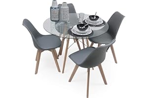 SENSACION DE HOGAR HOMELY MUEBLES DECORACION DESCANSO Homely - Conjunto de Comedor Tower 100 Day Cristal Mesa de Cristal Redonda de 100 cm y 4 sillas Day (Gris Oscuro)