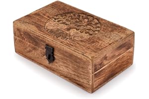 Samhita Boîte à bijoux en bois de manguier faite à la main avec gravure arbre de vie - Idée cadeau unique pour homme et femme (finition flamme)