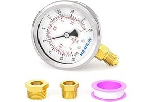MEANLIN MEASURE -1~2BAR/-30inhg~30PSI Manomètre en acier inoxydable 1/4"BSP 2.5" FACE DIAL rempli de liquide WOG Eau Huile Air Montage inférieur, avec douille hexagonale 1/2" BSP et 3/8" BSP