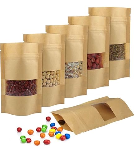 25 stuks kraftpapieren zakjes met venster, 30 x 20 cm, kraftpapier, herbruikbare koekjeszakjes, papier, bruin, afsluitbare zakjes voor noten, koffiebonen, theebladeren, snoep, snacks