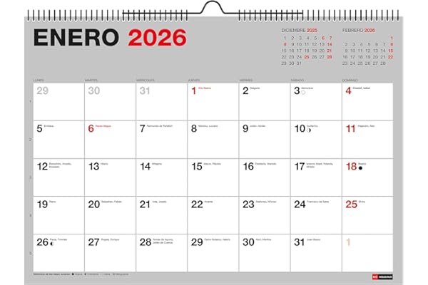 Miquelrius - Calendario 2026 de pared Basic, Organizador anual A3: 420 x 296 mm, Con espacio para anotar, Encuadernación espiral doble, Planificador 12 meses, Español