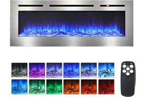 INMOZATA 152cm Electric Fire Wall Mounted Recessed Electric Fireplace With 12 LED Flame Colors, Adjustable Thermostat, Crystal&Log Set, 900W/1800W, Remote&Touch Screen Control (152cm/60in, Gray)