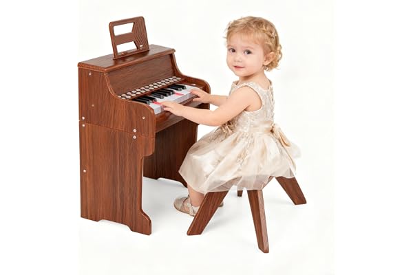DREAMADE Clavier de Piano 25 Touches pour Enfants, Mini Piano Numérique avec Tabouret, Vitesse et Volume Réglables, Mode d'Enseignement, Pupitre Amovible (Marron)