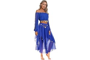 Yruioon Damen Bauchtanz Kostüm Set Langarm Crop Tops mit Chiffon Rock Bauchtanz Kleid Bauchtänzerin Indische Tanzkleidung