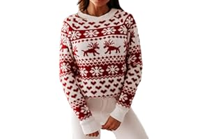 Geagodelia Maglione Donna di Natale Invernale Caldo Pullover Maglie Natalizio Maniche Lunghe Girocollo Stampa di Alci e Fiocchi di Neve Rosso Elegante