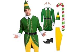 Ficlwigkis Buddy Elf Christmas Costume Men Women Green Pink Buddy The Elf Costume Elf Outfit with Ears Hat Elves for Christmas Costume Adult