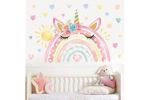 wondever Watercolor Large Rainbow Wall Stickers Unicorn Rainbow Hearts Sun Peel and Stick Wall Art Decals for Girls Bedroom Baby Nursery Kids Bedroom