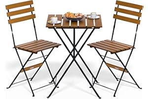 CASARIA® Patio Bistro Set | Table with 2 Chairs | Foldable & Fully Assembled | Sturdy Metal Steel Frame & Acacia Wood | Weatherproof Dining Set for Garden Patio Terrace Balcony | Space-Saving Folding