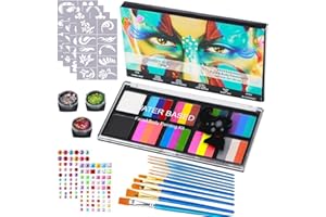 ORTVIAI Pintura Cara Niños, 20 Colores Seguridad No Tóxica Pintacaras Infantil, con 10 Pinceles Profesionales y 40 Plantillas de Tatuaje, Pintura Corporal y Facial para Halloween Navidad