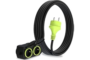 MutecPower 5m Rallonge avec 4 prises Schuko pour usage extérieur Câble étanche IP44 H05RR-F3G1,5 mm 4 prises contact de protection Prolongateur électrique pour l'extérieur à 4 voies 5 mètres noir/vert