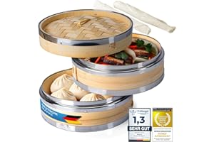 Dimono® Bambusowy Steamer ze stali nierdzewnej, 2 Tier Steamer with Lid, Steamer Basket Rice Cooker Bamboo Cooker for Sim Sum Dumplings, Vegetables, Rice, Meat, Fish (Ø 20 cm)