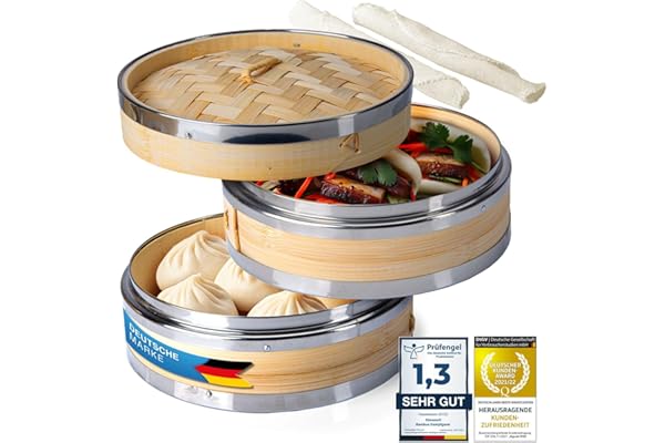 Dimono® cuiseur vapeur bambou avec inox, 2 étages de cuiseur vapeur avec couvercle, panier vapeur cuiseur à riz bambou pour Sim Sum Dumplings, légumes, riz, viande, poisson (Ø 20 cm)