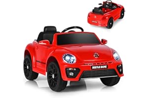 GYMAX Kids Ride on Car, 12V Licensed Volkswagen Beetle Battery Powered Car with Remote Control, Bluetooth, USB, FM, Music, Spring Suspension&Slow Start, Children Electric Vehicle for Girls Boys (Red)