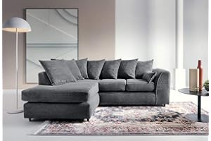 Abakus Direct Left Hand Corner Sofa - Jumbo Cord L Shaped Sofas for Living Room with Thick Luxury Deep Filled Cushioning | Contemporary Chaise Lounge Sofa in Grey | 212Wx164Dx78H