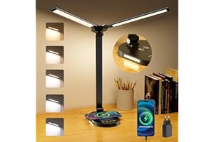 LIYABBER Dwugłowicowa Lampa Biurkowa z Bezprzewodową Ładowarką, Regulowana Lampa Biurowa LED, Ściemnialna Dotykowa Lampa Stołowa z Funkcja Czasu, Obrotowa Lampka do Czytania z Portem Ładowania USB, 14W, Czarna