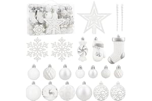 ‎SOLEDI SOLEDI® 128er Set Premium Weihnachtskugeln Kunststoff Weiss mit Baumspitze Stern - Robuste und Sichere Christbaumschmuck Set mit Aufhängen - Christbaumkugeln Bunt, Mehrweg Weihnachtsdeko