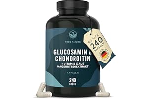‎TRUE NATURE Glucosamin Chondroitin hochdosiert - 240 Kapseln mit 2600mg Glucosamin & Chondroitin pro Tag - mit Vitamin C (trägt zur normalen Kollagenbildung bei) - Pharmazeutische Qualität - TRUE NATURE