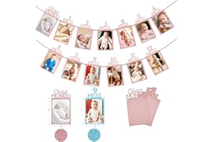 SAMCHEY Striscione Primo Compleanno con Cornice Foto da Neonato a 12 Mesi – Decorazioni 1 Anno Bambina/Bambino – Banner Mensile per Foto Crescita – Festone Rosa Oro/Blu