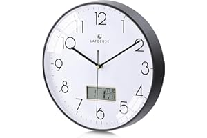 Lafocuse Cichy kuchenny zegar ścienny z datą i temperaturą dnia, czarne zegary ścienne do salonu nowoczesnej sypialni, wyświetlacz LCD kwarcowy cyfrowy zegar ścienny zasilany baterią do biura 30 cm