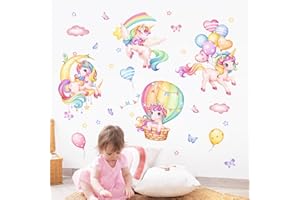 Supzone Adesivi Murali Bambini Grandi Unicorno Arcobaleno Adesivi da Parete Palloncino Aerostatico Luna Nuvole Stelle Decorazione Murale Ragazze Camere Bambini Camera da Letto Soggiorno