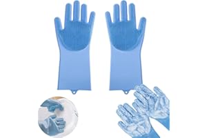 Ogrmar Silicone Diswashing Gloves, Reusable Waterproof Rubber Gloves with Bristles, Heat Resistant Thickened Cleaning Gloves For Kitchen, Household, Pet Bathing