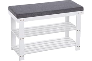 ‎SONGMICS SONGMICS szafka na buty z bambusa, regał na buty z 2 półkami, ławka do siedzenia, do korytarza, salonu, powierzchnia siedziska z obciążeniem do 150 kg, 71 x 29 x 49 cm, biało-szara LBS604W01