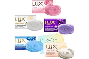 Soap Bar Bundle with Lux Soap Soft Touch, Magical Spell, Bright Impress, Aqua Sparkle, Velvet Touch (80g each) and Glameno Card