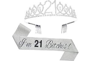 YQ-BEST 21st Birthday Tiara and Sash Set - I'm 21 Bitches! Silver Sash Crystal Crown Birthday Gift for Girls Women 21st Birthday Party Favors Supplies