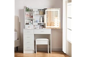 Guanglai Makeup Vanity Table with Drawers and LED Lights, White Vanity Desk Set with LED Mirror and Shelves, Dresser Desk and Stool for Girls Bedroom
