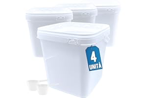 Üka • 4 Secchi Bianchi in Polipropilene da 5,4 L - 20x20x20,5 cm. Secchi di Plastica Rigida con Coperchio. Contenitori Ermetici per Alimenti. Secchi Vuoti con Manico. Design Impilabile e Senza BPA.