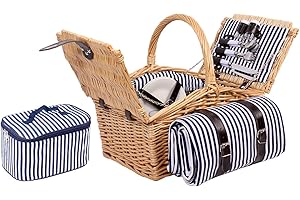 SELLTEX 2-4 Personen Weiden Picknickkorb Picknickkoffer Set Decke, Besteck Gläser, Teller (Braun)