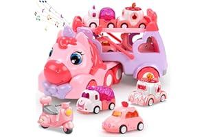 JQLM 5 IN 1 Unicorn Toy Girl Cars, Carrier Truck Toys for Girls Toddlers with Sound&Light, Birthday Christmas Toys Gifts for 2 3 4+ Year Old Baby Girls Boys Kids (Pink)