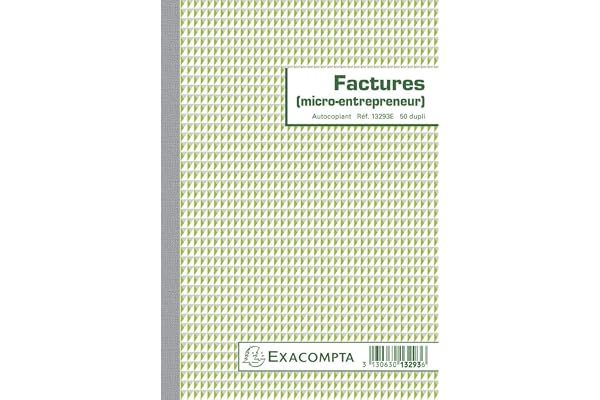 Exacompta - Réf. 13293AE - 1 Manifold FACTURES micro-entrepreneur - 50 feuillets numérotés et autocopiants - duplicatas (1 original + 1 copie) - format 210 x 148 mm - fabriqué en France