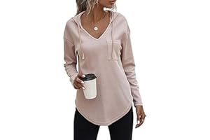 HAGOT Damskie bluzy z kapturem, damska tunika z dzianiny waflowej, bluza z długim rękawem, casualowa, modna bluza z kapturem, dekolt w serek, z kieszeniami
