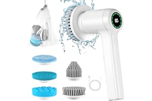 GRUTTI Electric Cleaning Brush, Cordless Electric Spin Scrubber With 5 Brush Heads, with 2 Speeds and Led Display, Power Scrubber for Cleaning Bathroom, Bathtub, Kitchen, Tile, Window,Tub,Floor,Sink