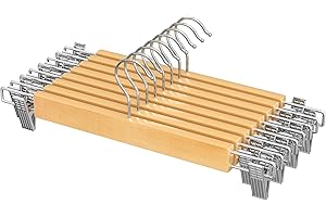 ‎SONGMICS SONGMICS wieszaki do spodni, zestaw 8 sztuk, wieszak na spódnice z drewna, z regulowanymi klipsami, antypoślizgowy, do spodni, szortów i spódnic, kolor naturalny, CRW009N01