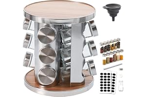 Manfâ Présentoir à Épices,360°Étagères Rotatives,430 Acier Inoxydable Carrousel,Support de Stockage d'épices,12 Pots en Verre Épaissis avec Capuchon,Porte-épices, Rangement Autonome pour la Cuisine