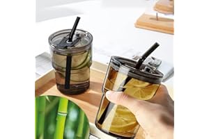 Cimvidi 2 Pezzi 400ml Bicchieri da Acqua con Coperchio e Cannuccia, Coppe in Vetro Design Ermetico e Impermeabile, Bicchieri da Tè per Succhi, Smoothie, Caffè Freddo