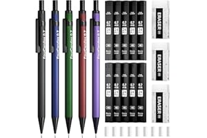 Four Candies 0,7mm porte-mines avec étui – 5 porte-mines en métal, 10 tubes de recharges de mine HB #2, 3 gommes 4B et 9 recharges de gomme, fournitures scolaires pour l'écriture des étudiants