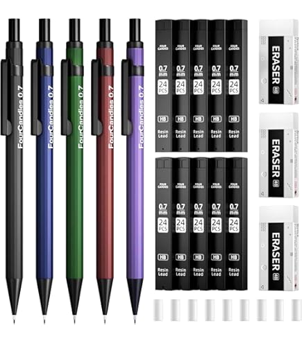 Portamine Metallo 0.7mm Four Candies Set 4 Portamine Metallici 0.7mm - Con 8 Tubi HB #2, 3 Gomme E Astuccio Set Matite Meccaniche Gomme