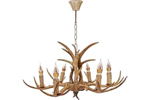 PIOJNYEN Kronleuchter mit Antler, Vintage Geweih Lampe Esstischlampe Hhängelampe Antike Schlafzimmer Lichter Decken Leuchte Harz Hirsch Horn 6 Lampenschirm