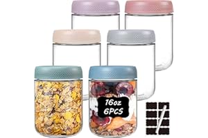twoant Lot de 6 Boîtes À Avoine de Nuit de 500ml Avec Couvercles À Large Ouverture Pour Collations, Yaourt, Épices, Sucre, Préparation des Repas Avec Autocollants et Marqueur