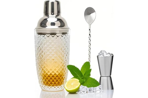 LUPATDY Glass Cocktail Shaker-kit - 400 ml cocktailshaker - med mätglas i rostfritt stål och spade - för hem, bar, vin, bland